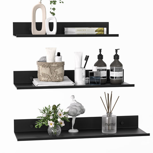 Wisfame Floating Shelves for Wall Set of 3 Black Metal Wall Shelves for Bathroom 11.8/13.8/15.7 in Modern Small Adhesive Shelf for Living Room Bedroom Office Kitchen